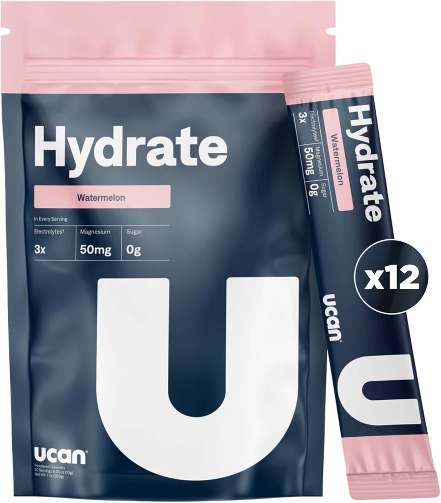 UCAN 水合电解剂 饮用混合剂(Watermeron, 12 Stickpacks) 无糖, Keto-Friendly, Vegan, Non-GMO, Gluten-Free Electrolyte Powder 配有钾和镁供奔跑者和运动员使用