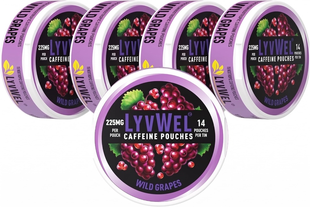 LyvWel 225mg Cafeine Energy Pouches – 野葡萄5-Pack(75 Pouches) – Bold Flavor, 清洁能源 – Guarana- Infformed Focus & Stamina 用于上行性能