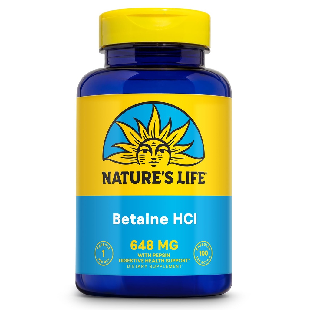 NATURE的Life Betaine HCL 配有百事可乐的 - 带消化酶的消化健康公式,用于Gut健康支持 - 高发性氢氯酸补充剂,60天保障,100次服务,100次卡普尔