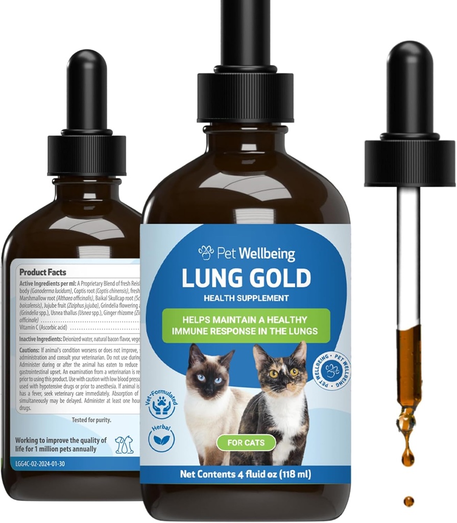 Pet Wellbeing Lung Gold for Cats - Lung Immune Support, Lower Respiratory Health, Open Airways, Normal Breathing, Reishi, Coptis - Veterinarian-Formulated Herbal Supplement - 4 oz (118 ml)