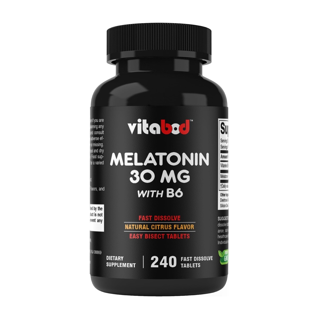 Melatonin 30 mg 配有维生素B6 – 240 快速溶解片 高敏睡眠支持 – 无药,天然Citrus Flavor – 蔬菜,非GMO,Gluten-Free