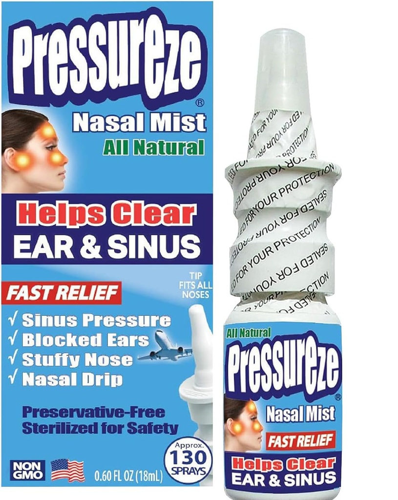 压鼻喷射 - 所有天然防腐-无梗喷射 - 快速救援鼻喷射 - 用于Sinus Alergies Contracted Blocked Ears Loud Snoring - 130喷射,18毫升