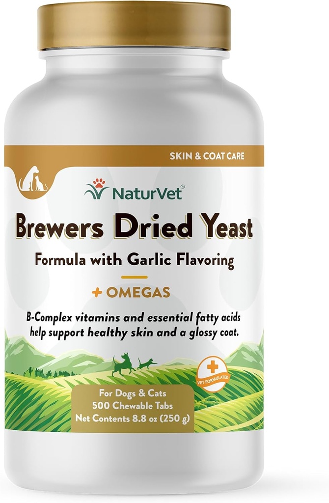 NaturVet Brewer用蒜肉烧烤的干酵母肉补充剂 — 包括B-Complex维生素,Omega-3, 6和9脂肪酸 — 帮助支持光滑皮条,健康皮条狗,Cats 500 Ct.