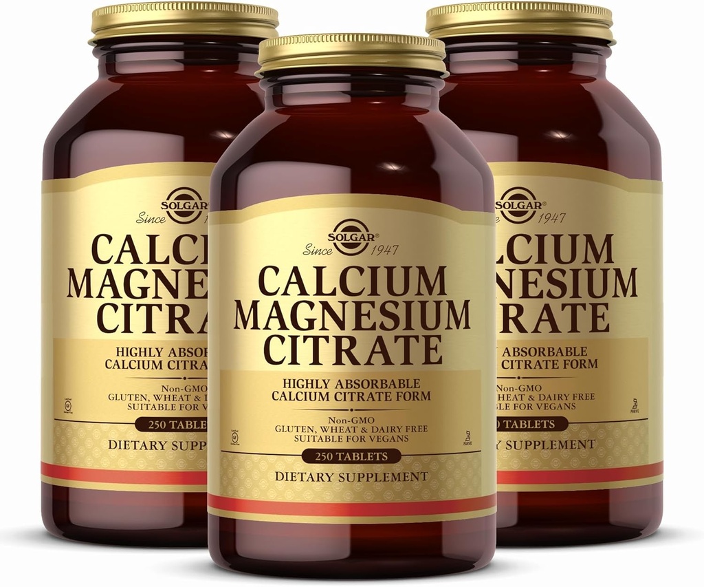 Solgar Calcium Magnesium Citrate, 250块(第3包) - 支持健康骨骼和牙齿 - 肌肉骨骼和神经系统支持 - 高度耐受 - 非GMO和Vegan - 150个总服务