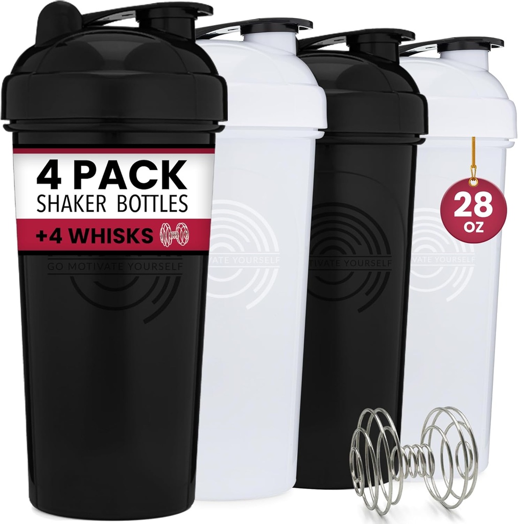 GOMOYO 4-Pack - 28 Ounce 蛋白质摇摆瓶用于混音,4xWire Whisk,Leak Proof Bulk 补充混音和预战摇摆杯,Dishwasher Safe & BPA Free, Black & White