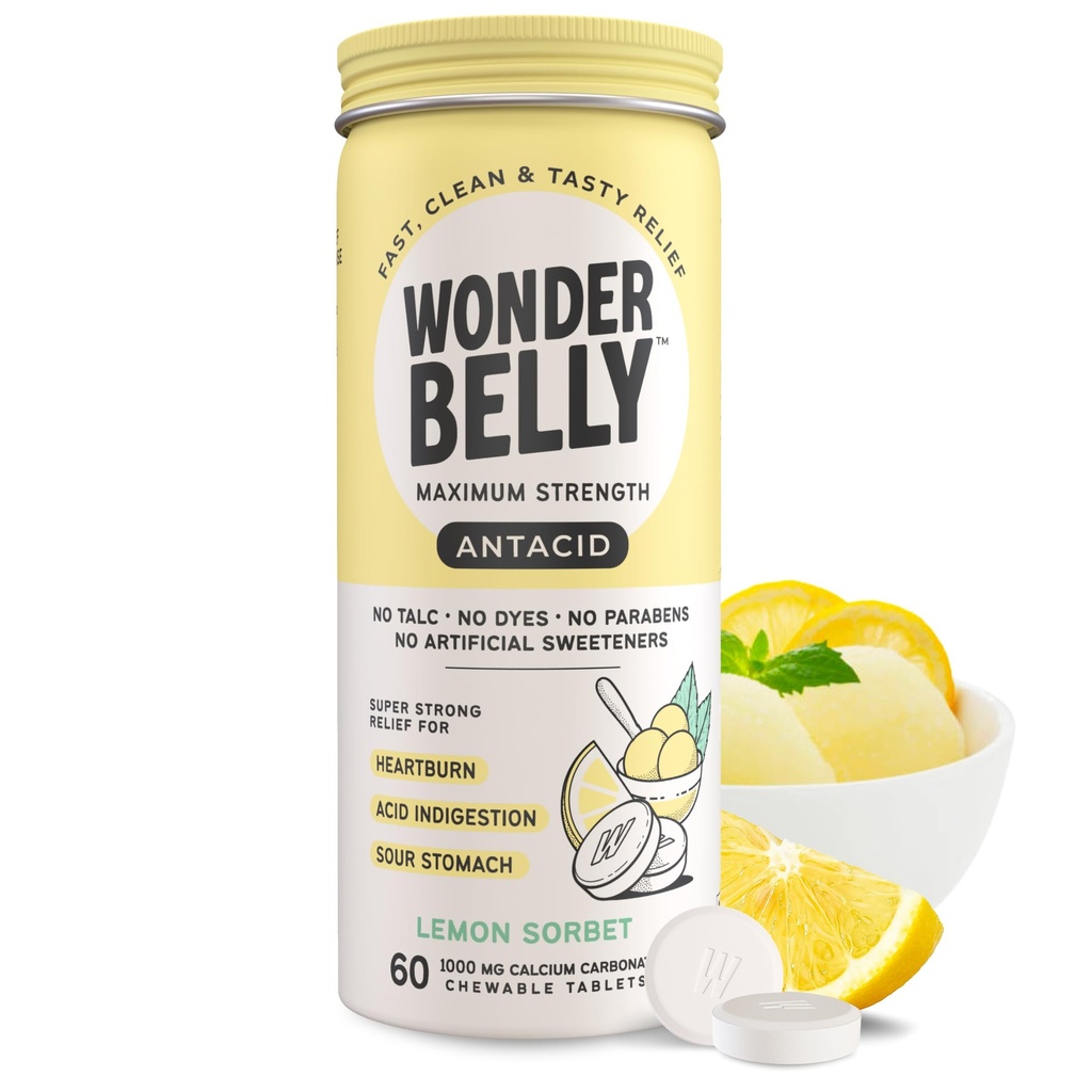Wonderbelly Antacid, 有效的心脏烧伤和即时酸消化缓解, 超强可嚼药片,1000毫克碳酸钙, No Talc 或 Dye, Lemon Sorbet, 60 Counter