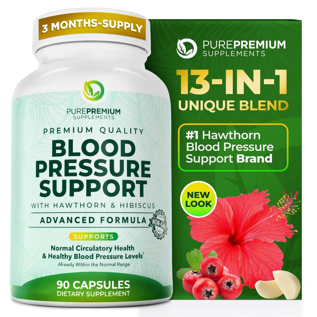 配有Hawthorn Berry、Hibiscus、Garlic & Vitamin B12-Nitric Oxide的纯纯纯血压补充剂,用于正常心脏健康、循环健康和血压支持-90厘米