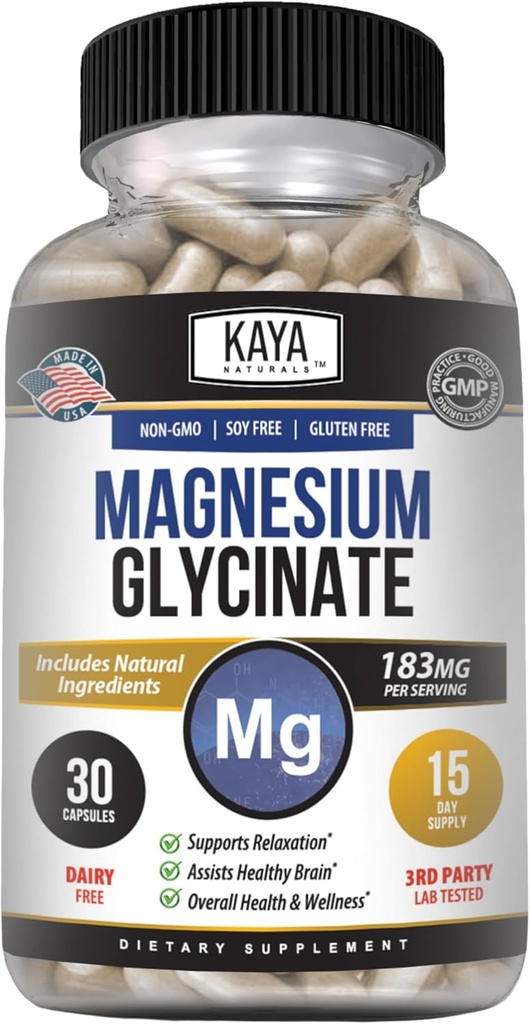 Kaya Naturals Magnes Glycinateum 183 mg / Caps, 最高吸收量的支票, 非GMO, NO Gluten 奶油和大豆, 支持肌肉和心脏健康 30 计数