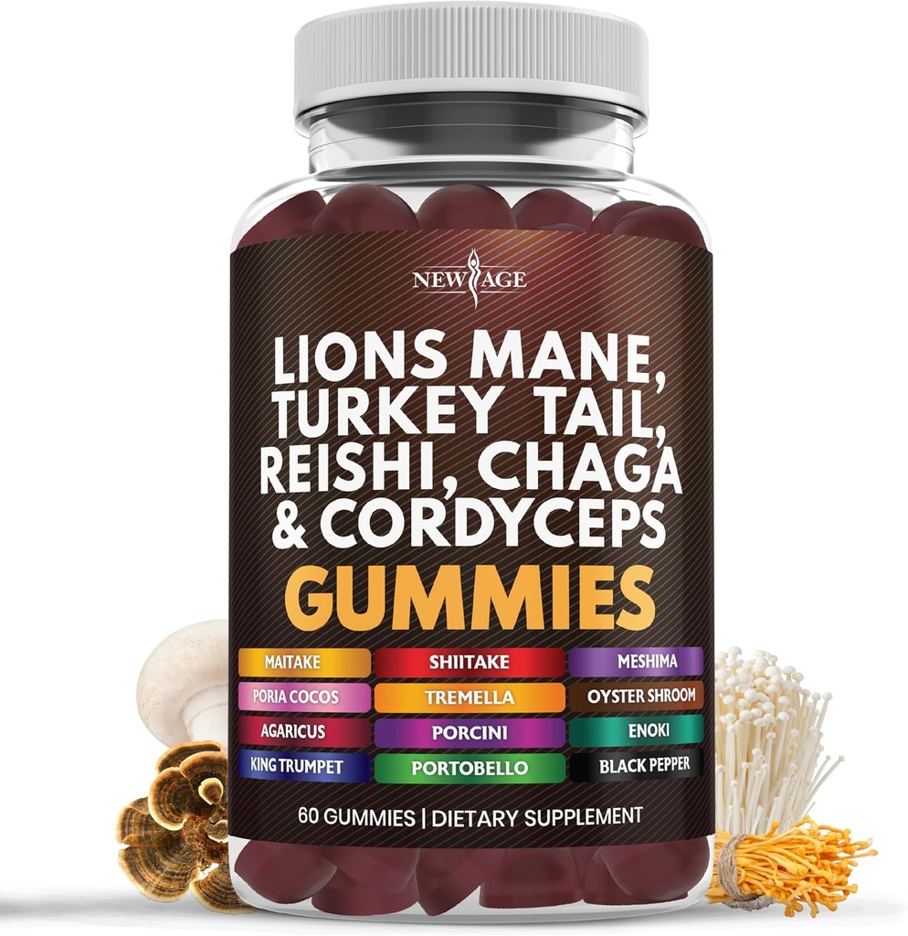新AGE 蘑菇狮的马内补品Gummys - 蘑菇补品与Reishi, Cordyceps - 60 Counter