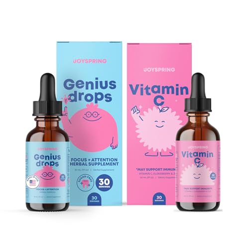 JoySpring Genius Drops & Vitamin C - 学校备份 Bundle 儿童维生素自然来源,非GMO,非酒精液体公式,豁免健康支持 QQ Vegan & 蔬菜补充剂 Drops