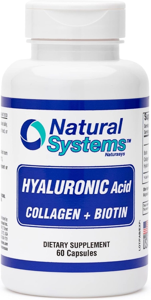天然系统产生的Hyaluronic Acid Plus Collagen和Biotin 60 Capsules - 增强吸收的Acido Hialuronico Capsules - 皮肤的Hyaluronic Acid补充剂 - 坚固的皮肤,毛发,钉子