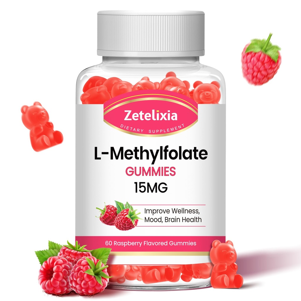 L-Methylfolate 15mg & Methy B12 Gummys, 脑健康福拉特补充剂, Mood & 豁免, DNA合成和维修, 无糖, Vegan, Raspberry Flavor, 60 Counter