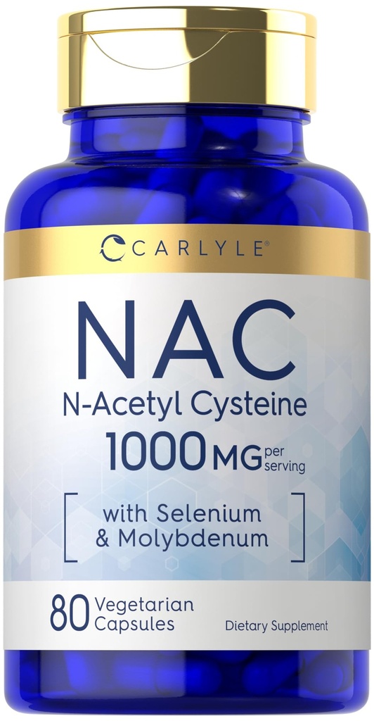 Carlyle NAC 补充 N- Acetyl Cysteine 1000mg 80 Capsules 与 硒 & Molybdenum → Vegetarian, 非 GMO & Gluten 免费