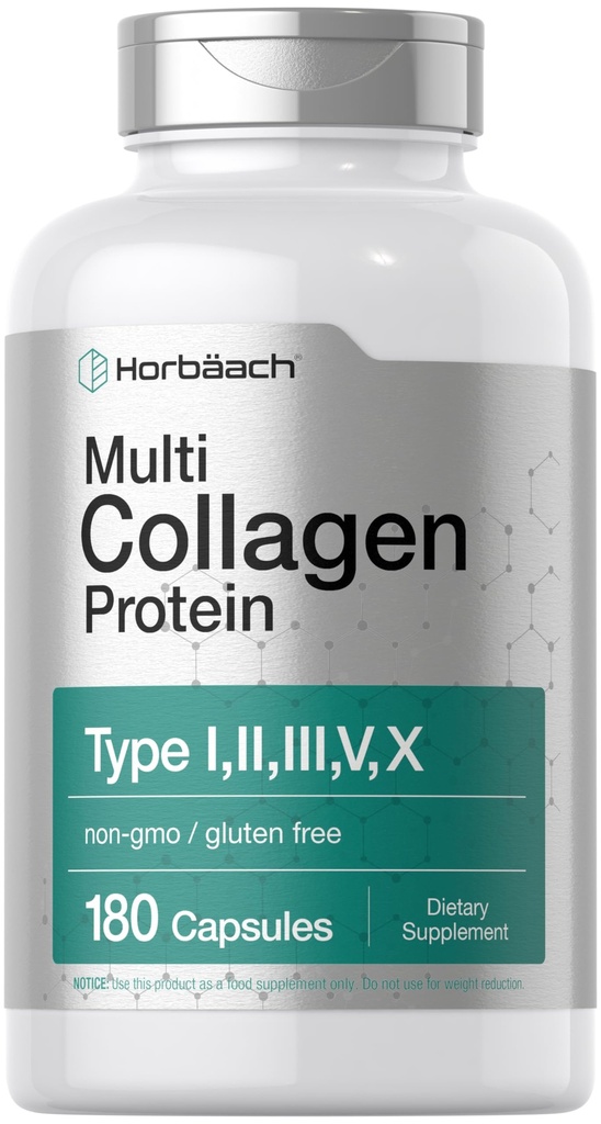 Horbäach Multi Collagen protein 2000 mg + 180 Capsules → 水解的Collagen 类型 I, II, III, V, X → Keto & Paleo Friendly, Non-GMO, Gluten Free Supplement