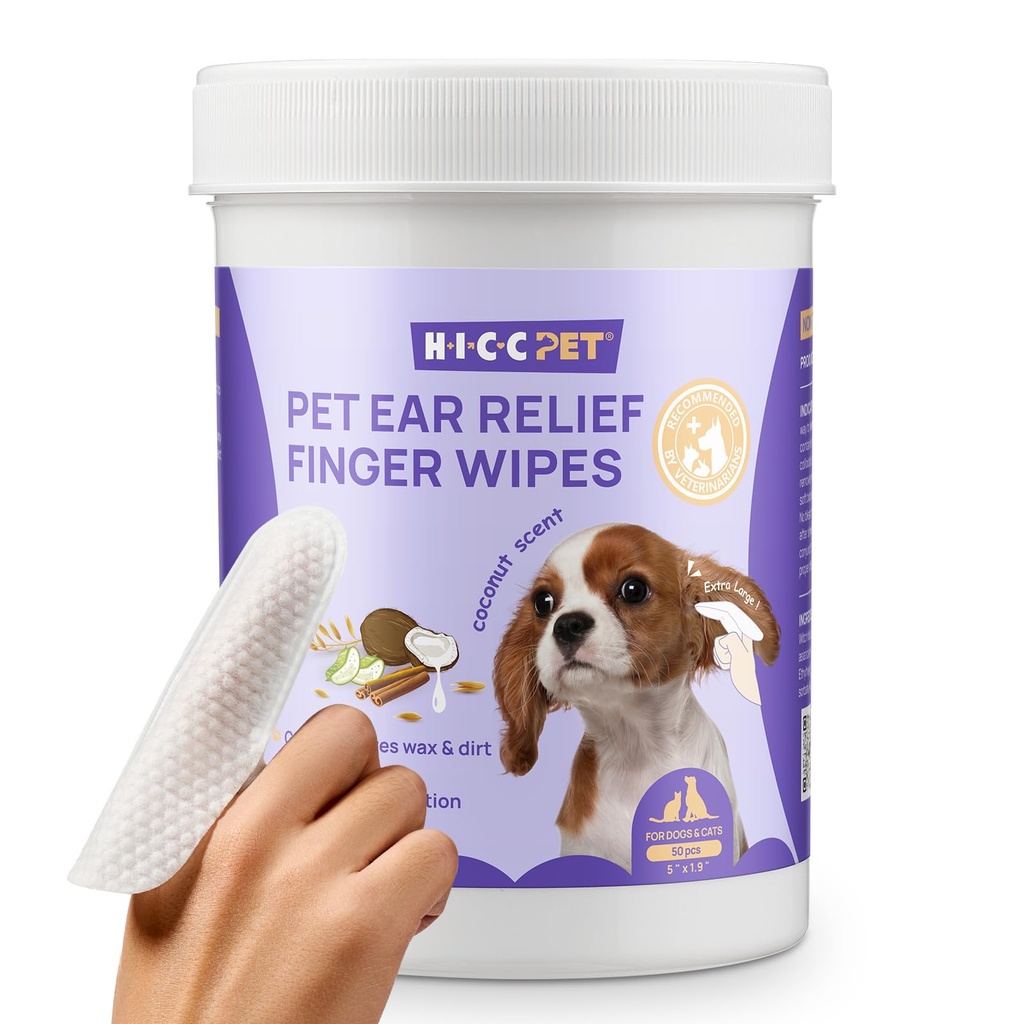 HICC PET Ear Cleaner Finger Wipes for Dogs & Cats, Vet-Recommended Dog Ear Infection Treatment to Relief Itching & Inflammation, Remove Wax, Dirt & Stop Smelly, Non-Irritating, 50ct(Coconut Scent)