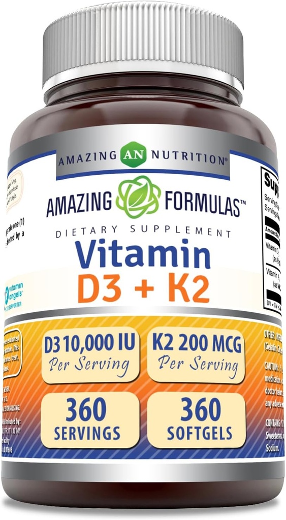 神奇配方 维生素 D3 1000 IU 配有维生素 K2 200 Mcg + D3 + K2 复合补充 → Non-GMO → Gluten-Free → 美国制造 (1 Pack, 360 Counter)