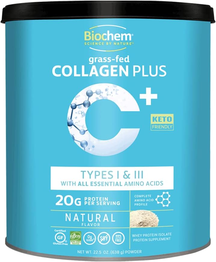 Biochem Collagen Plus 蛋白质 - 1.4lb - Natural Flavor - 20g of Collagen 蛋白质粉 - 促进头发,皮肤,钉子,联合与骨健康 - 氨基酸 - Keto - 友好 - 软组织支持