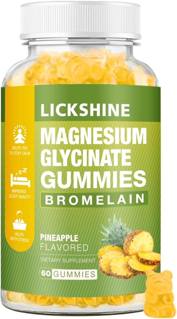 1 Pack Glycincium Gummys 1000mg, Calcium, Potassium, Bromelain, 维生素D, B6, CoQ10 放松, 冷静的Mood, 减轻成人和儿童的心理压力和睡眠, 60个计数