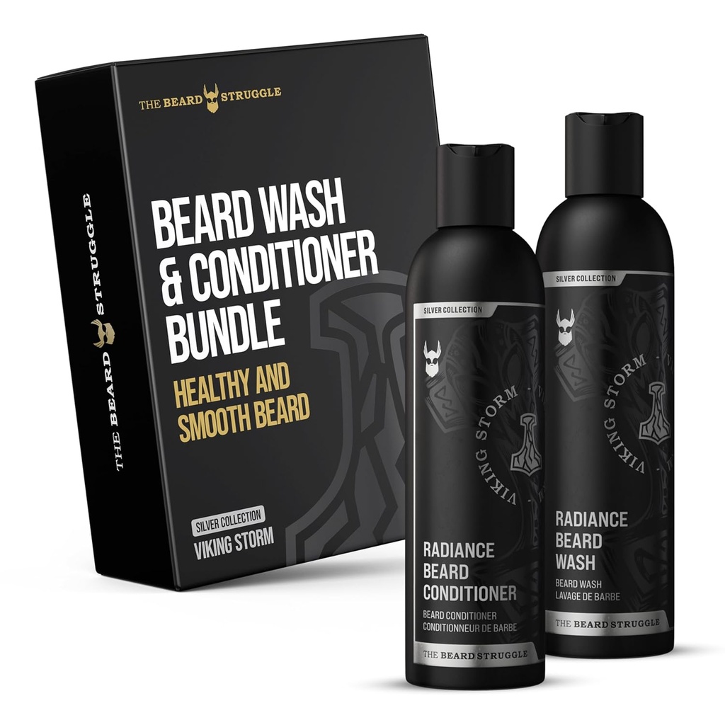 熊搏斗 - radiance Beard Wash & Contitioner Bundle - 银色收藏 - Pack of 2, Viking Storm - 努里士, Cleanse, Softens, & 加强熊搏斗 - 熊搏斗 - 男人的胡子洗和Contitioner
