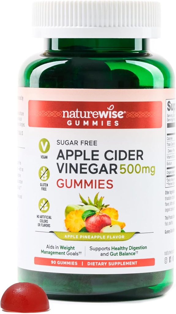 NatureWise Apple Cider Vinegar ACV Gummys - 1000mg ACV每2,无糖,Vegan - 能源与Gut健康 - ACV Gummys W/维生素 B12-90 Gummys [1.5-月供应1000mg / 3-月供应500mg].