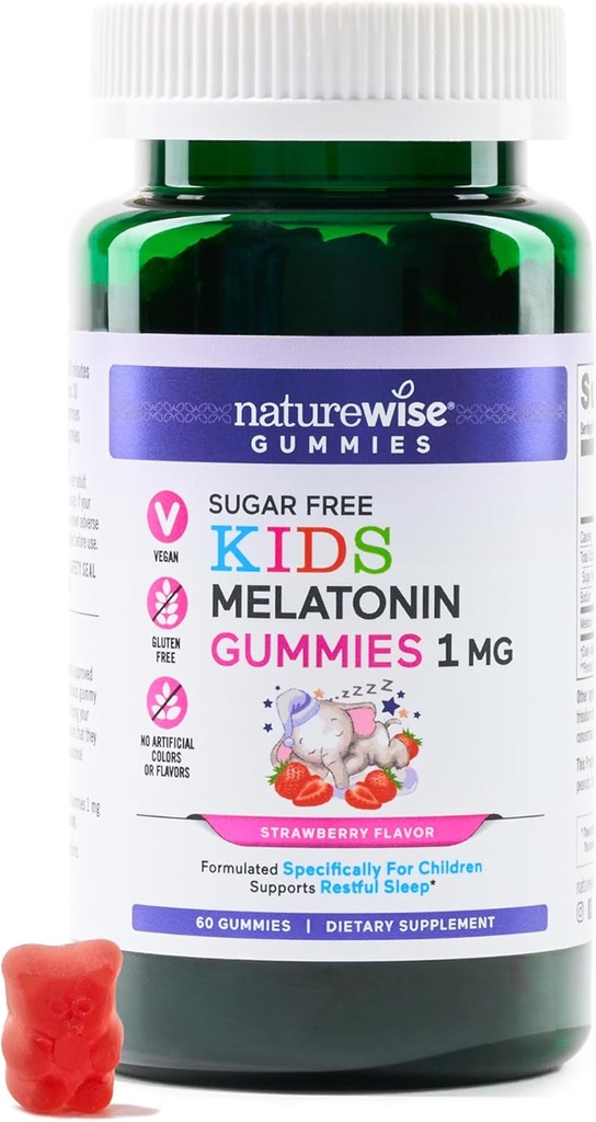 NatureWise Kids Melatonin 1 mg 无糖胶 儿童4岁和4岁以上-非哈比人形成睡眠援助 - 草莓裂痕 - Vegan, No Gluten, Non-GMO - 60 Counter [2-Month Supplement]