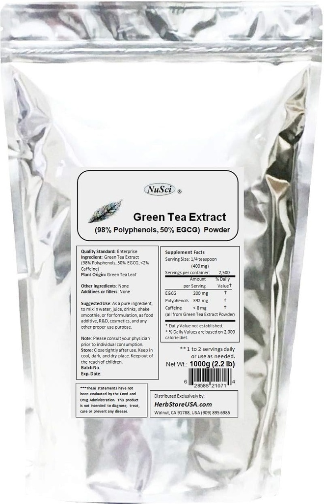 绿茶提取散装粉 98%的多酚和50%的EGCG GMO 自由非辐照(1 000克(2.2磅))