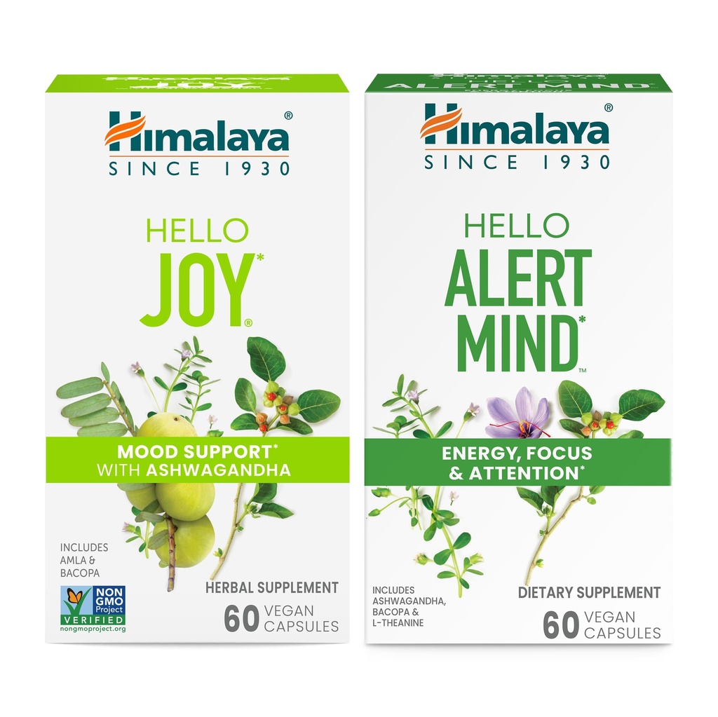 喜马拉雅 Hello Joy with Ashwagandha for Protection Moods and Spirits & Himalaya Hello Alert Mind with Bacopa for Energy, Focus and Reception, 草药补充品, 60 Capsules 每人60张卡普尔