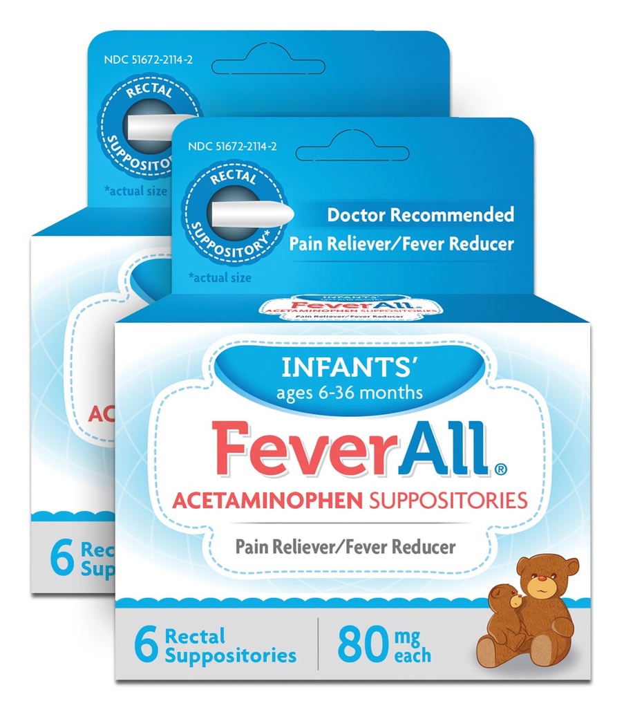 Feverl Infant Acetaminophen 假说 6 Rectal Suppositors 80mg Each Pain Reliever/Fever Reductioner. Paraben Free,无人工颜色或其他防腐剂. 年龄6-36个月. 值3 包装。