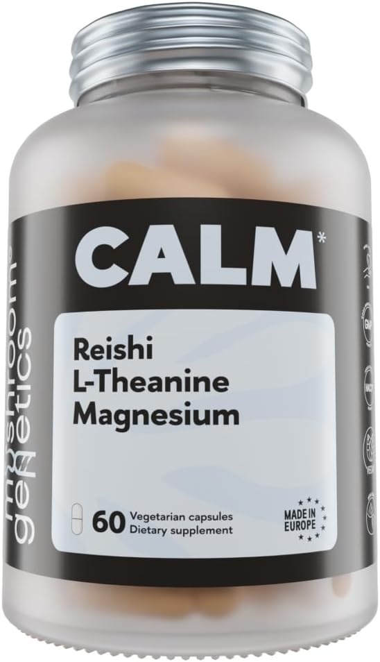 蘑菇基因 Reishi, L-Thenine & Magnesium 补充 – 适应性蘑菇卡普尔 – 放松、睡眠和免疫健康压力缓解补充 – 大脑健康支持 – 60 Capsules
