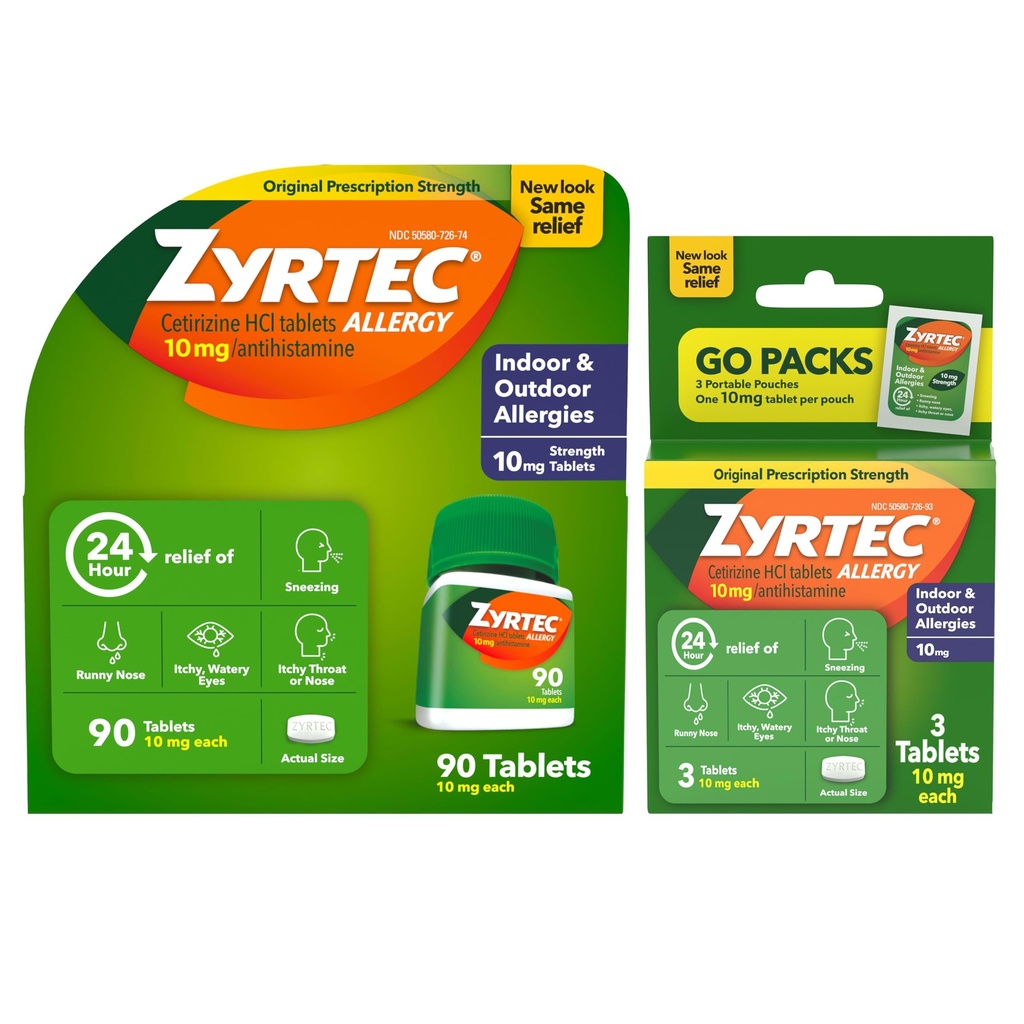 Zyrtec 24小时过敏药片、室内和室外过敏药片,配有10毫克Cetirizine 氢氯胺,1号、90厘米瓶和3号、1厘米旅行包