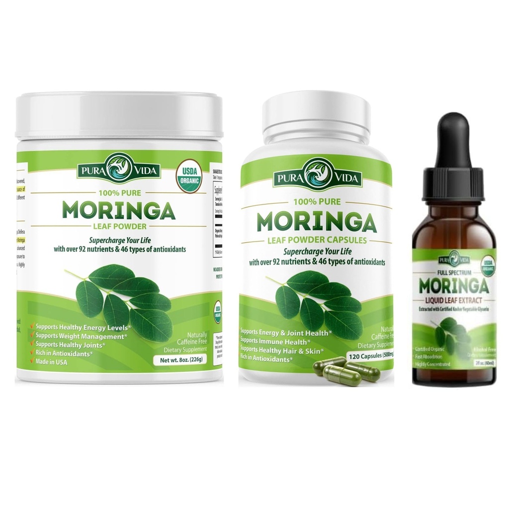 浦拉VIDA MORINGA 粉末8 oz Capsules (120 Counter) 和莫林加叶提取滴(2fl oz)