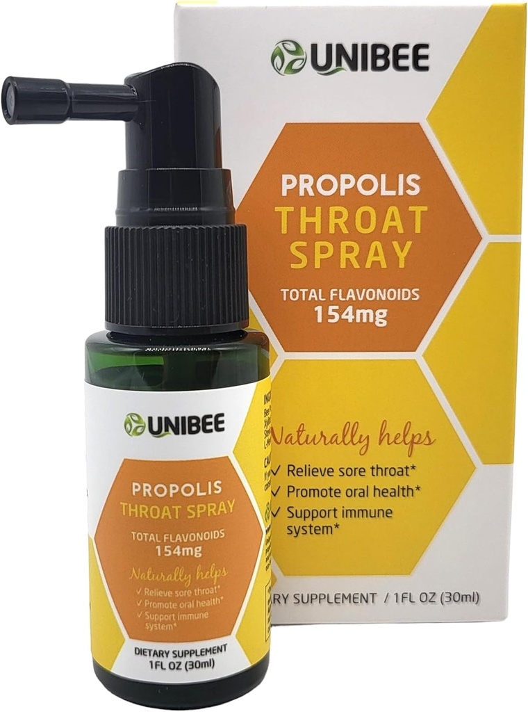 UNIBEE Propolis Throat Spray (Total Flavonoids 154mg) - 喉部缓解、口腔健康促进、自然免疫支持、无酒精和水溶性Propolis