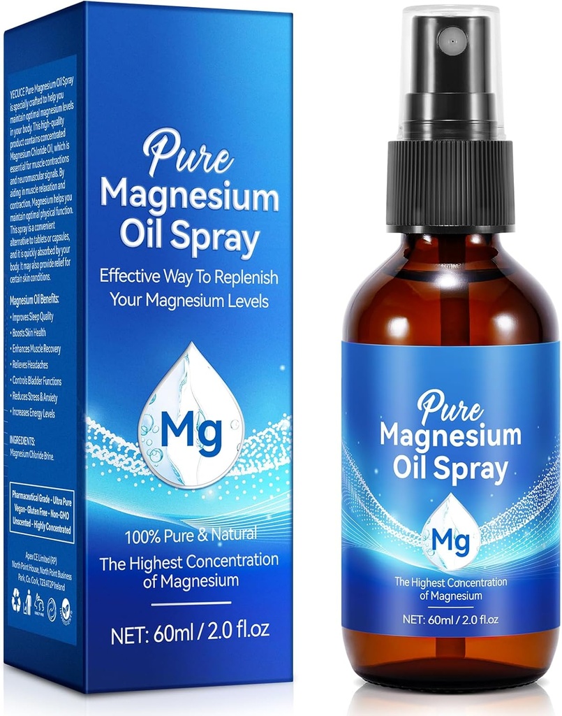 Pure Magnesium Oil Spray, Organic Magnesium Spray for Feet, Topical Magnesium Spray Glass Bottle,Nourish The Skin, Alleviate Hair Loss, Unclog Pores, 2 fl oz