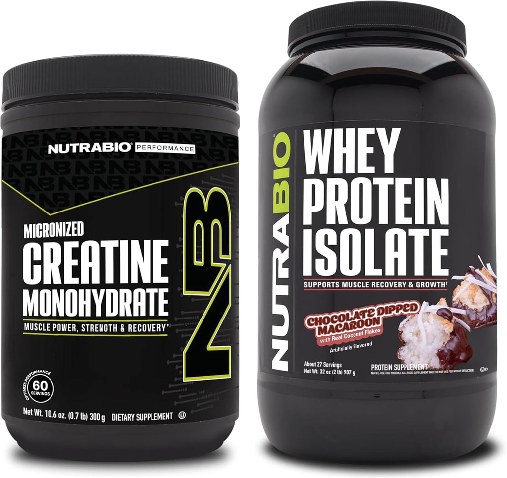单水合核酸(NutraBio Creatine Monohydrate),无氟酸,300g和Whey蛋白溶液,巧克力浸泡Macaroon,补充包-肌肉能源,Lean肌肉生长,恢复和强力