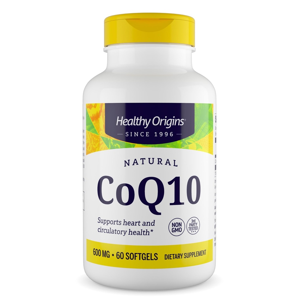 健康起源-CoQ10 600 mg – 天然跨异构体Ubiquinone – 酵母发酵,支持心脏健康与细胞能量 – 非GMO 60软胶
