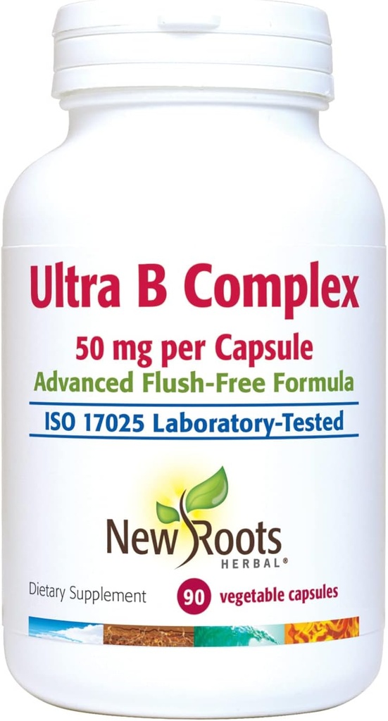 新ROOTS HERBAL 超维生素B 附加(50mg) 配有维生素B6,B12,Biotin QQ 高级免疫支持补充(90 Veg Caps) QQ Flush Free Form