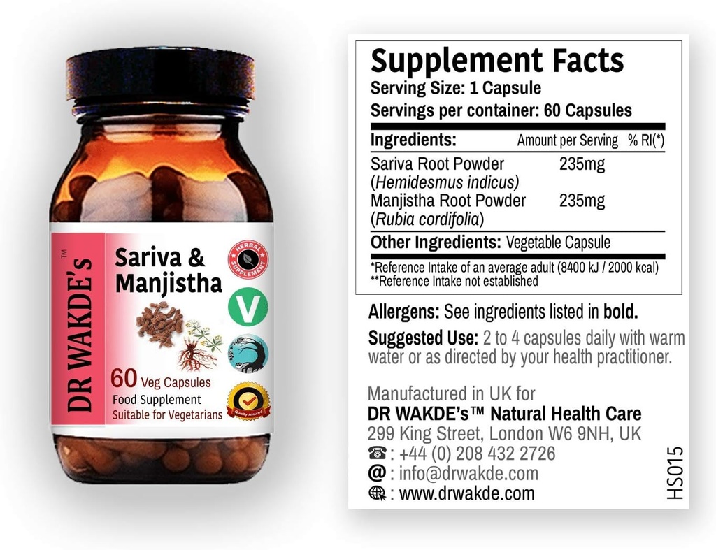 WAKDE的Sariva & Manjisstha Capsules (60 Veg Caps, 解毒草药, 支持健康皮肤, Ayurvedic 补编, Vegan, Herbal, All Natural, 联合王国制造)