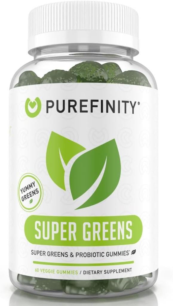 PUREFINITY Daily Super Greens Gummys with Spirulina, Spinach, Broccoli, Beet Root, Acai, 和其他蔬菜, 全美蔬菜补充品 — 非GMO, Gluten Free, Vegan, 60 Counter