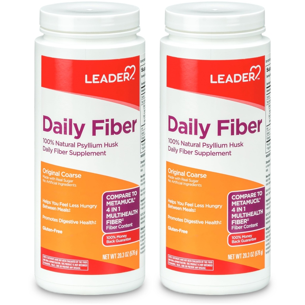 LEADER Psyllium Husk Powder Supplement 4-in-1 Fiber for Digestive Health, Plant Based 100% Natural Psyllium Husk Daily Fiber, Gluten Free, Non-GMO, Compare to Metamucil 20.3 OZ (Pack of 2)