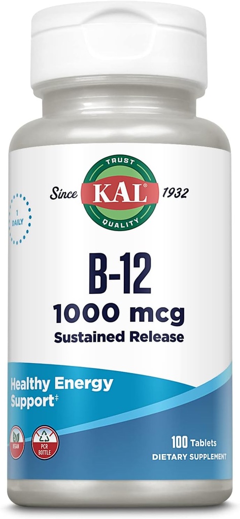 KAL维生素B12 1000mcg,健康能源持续释放补充品,代谢,心脏健康,神经和红血球支持,长拉式配方,维冈,100服务,100片