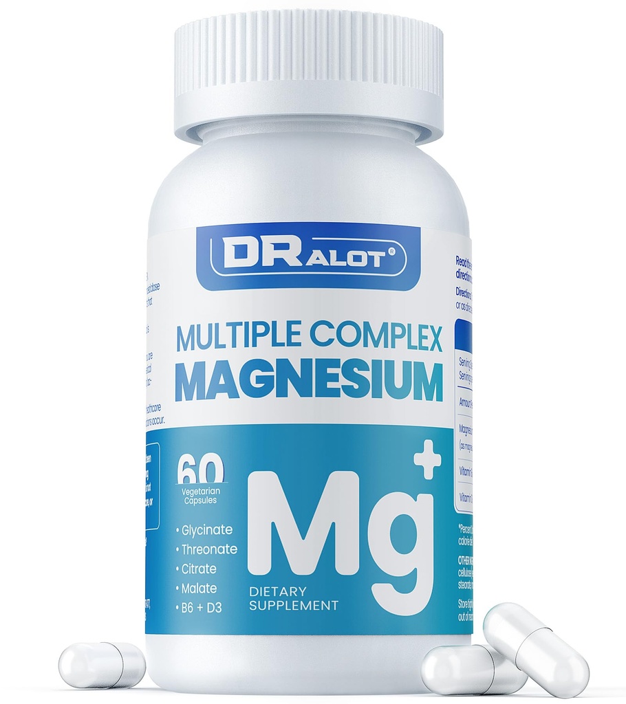 四方镁补充剂,400mg 氯酸镁甘油,L-硫酸盐,Citrate & Malate → Max 吸收复合剂 w/维生素 D3 & B6,用于睡眠心肌神经,Non-GMO,60 Vegan Caps