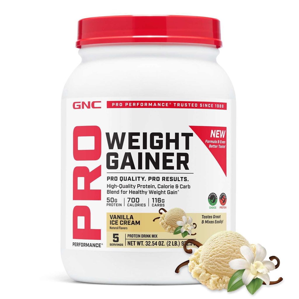 GNC Pro 性能增益蛋白粉,50g蛋白,高卡路里,700卡路里,支持质量和肌肉复苏,MCT,BCAA,3 党试,香草冰凝,6 服务,2.5磅