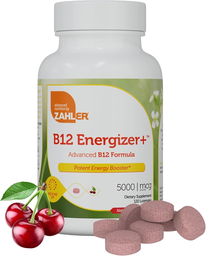 Zahler Energizer + 维生素 B12-5000 mcg 维生素 B12 - 天然樱桃 Flavor 溶解Lozenges - Kosher Gluten Free-GMO B12 维生素 5000 mcg,能量靴,美国制造(120计)