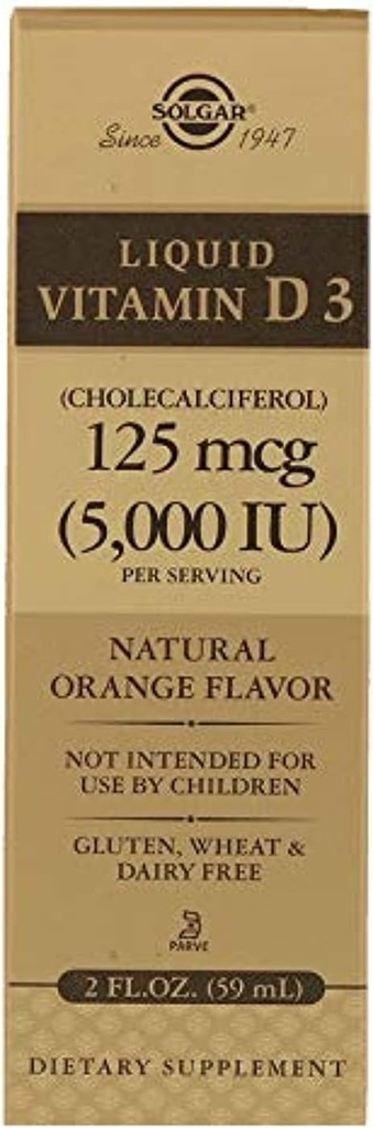 Solgar 液体维生素D3 125 mcg (5,000 IU) - 2 fl oz - 美味,天然橙色火焰 - 帮助维持健康骨骼和牙齿 - 免疫系统支持 - Gluten Free, Demory Free, Kosher - 59