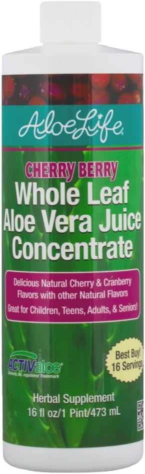 Aloe Life - 全叶 Aloe Vera Juice, 认证有机,无胶(Cherry Berry, 16 oz)