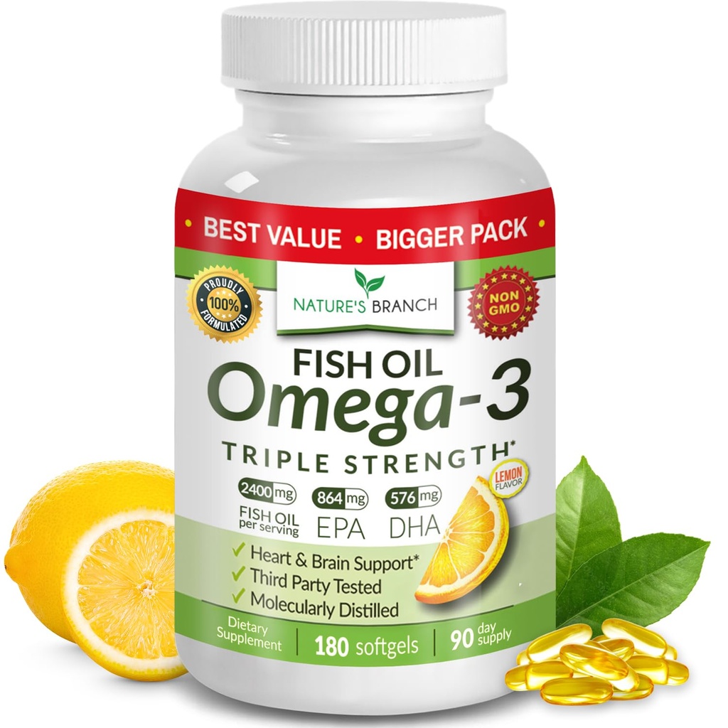 最佳三强Omega 3 鱼油药丸 - 180 Capsules - 2400mg 高潜力 Burpless Lemon Flavor 864mg EPA 576mg DHA 超纯液软胶用于脑关节眼部健康补充
