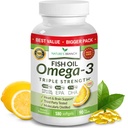 最佳三强Omega 3 鱼油药丸 - 180 Capsules - 2400mg 高潜力 Burpless Lemon Flavor 864mg EPA 576mg DHA 超纯液软胶用于脑关节眼部健康补充