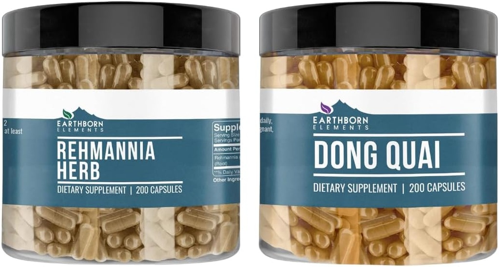 土生土长的元素 Rehmannia Herb 和 Dong Quai Bundle, 200 Capsules Each, 纯和未稀释, 无添加剂