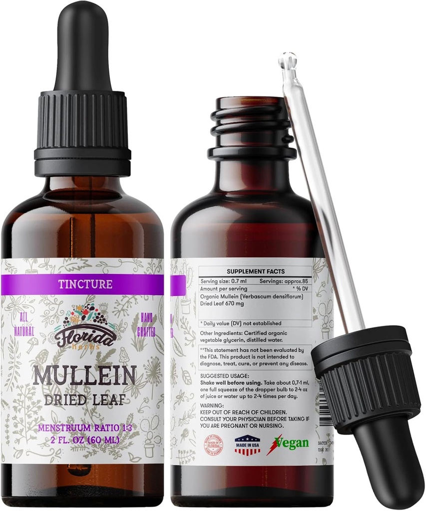 Mullein Tincture 提取剂,有机Mulein(Verbascum densiflorum) 干叶草药补充剂,用冷面蔬菜甘油670毫克