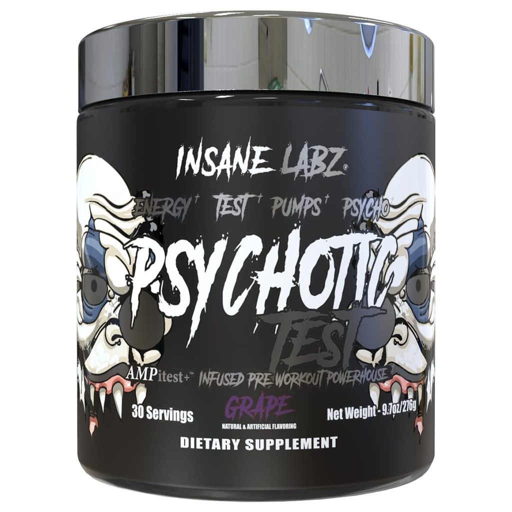 Insane Labz 精神测试、高兴奋剂睾丸酮能量和泵推进 配有 DMAE 比塔特酸、 D Aspartic Acid、 Creatine HCL 和甘油单质酸酯、 30种服务、葡萄